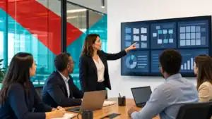 IT professional presenting cybersecurity and network solutions on a digital dashboard to a team.