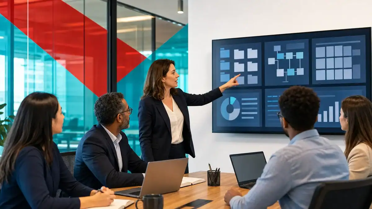 IT professional presenting cybersecurity and network solutions on a digital dashboard to a team.