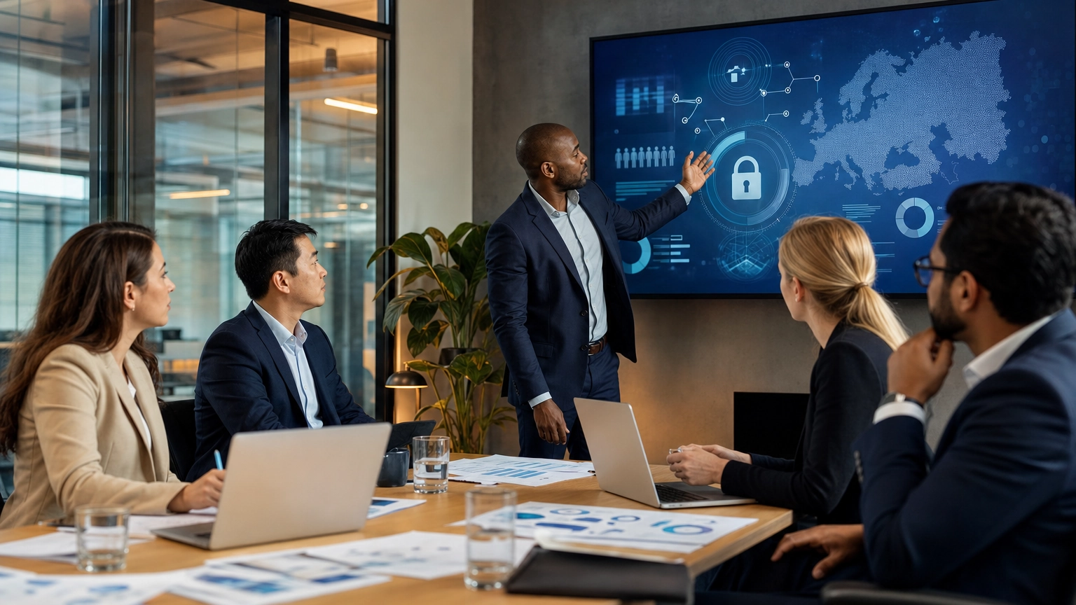 Business professionals reviewing data protection and privacy compliance in a modern office GDPR planning session
