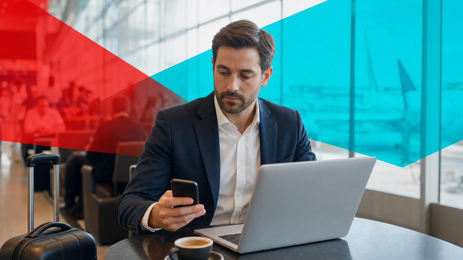 Business professional about to connect a laptop to public Wi-Fi in an airport, illustrating evil twin attack risk