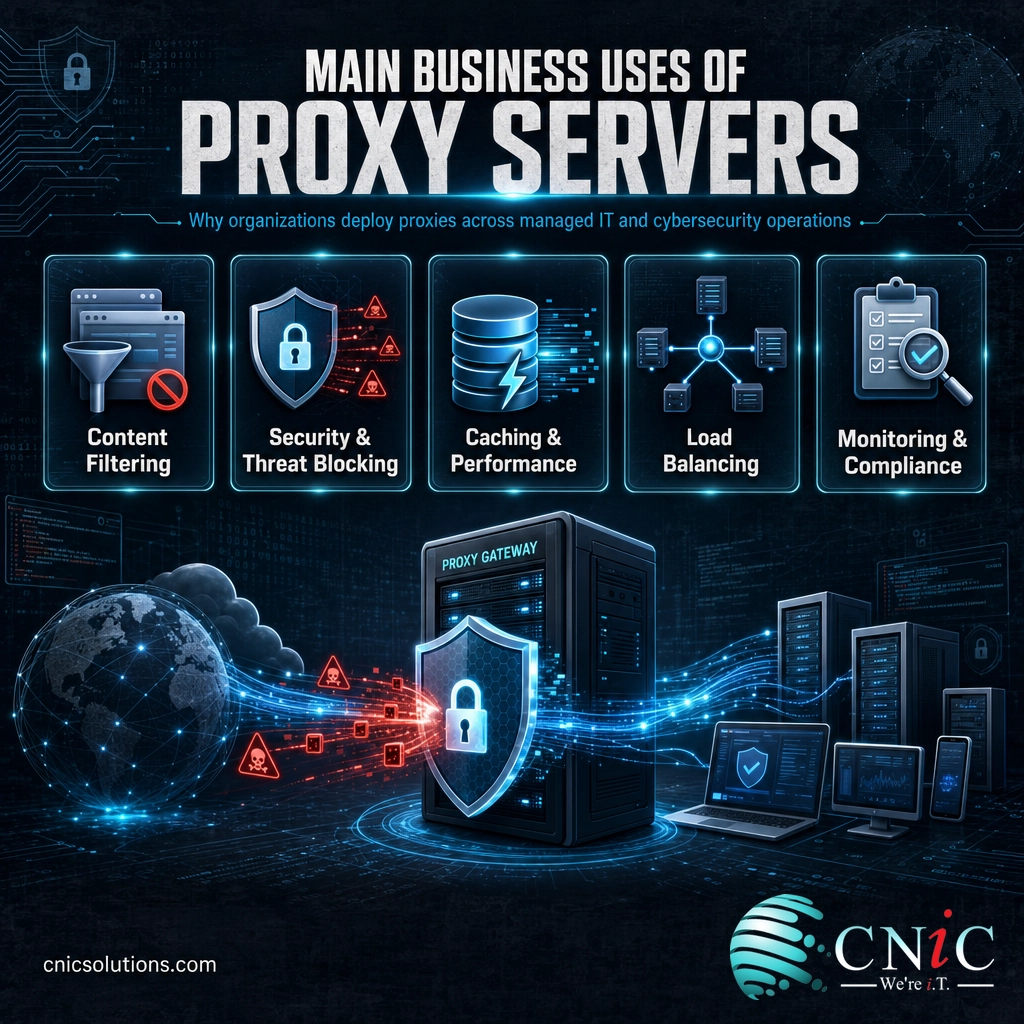 Infographic of five business uses of proxy servers: filtering, security, caching, load balancing, monitoring