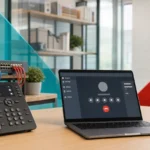Business desk with a VoIP phone and laptop softphone during a cloud phone system migration