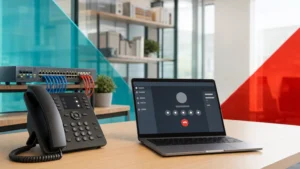 Business desk with a VoIP phone and laptop softphone during a cloud phone system migration