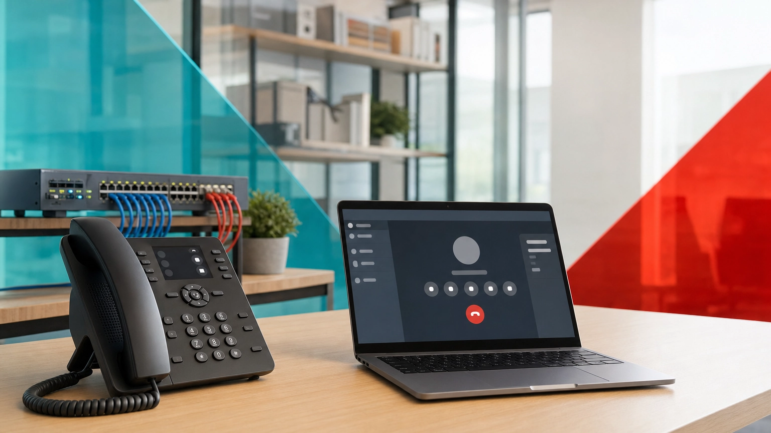 Business desk with a VoIP phone and laptop softphone during a cloud phone system migration