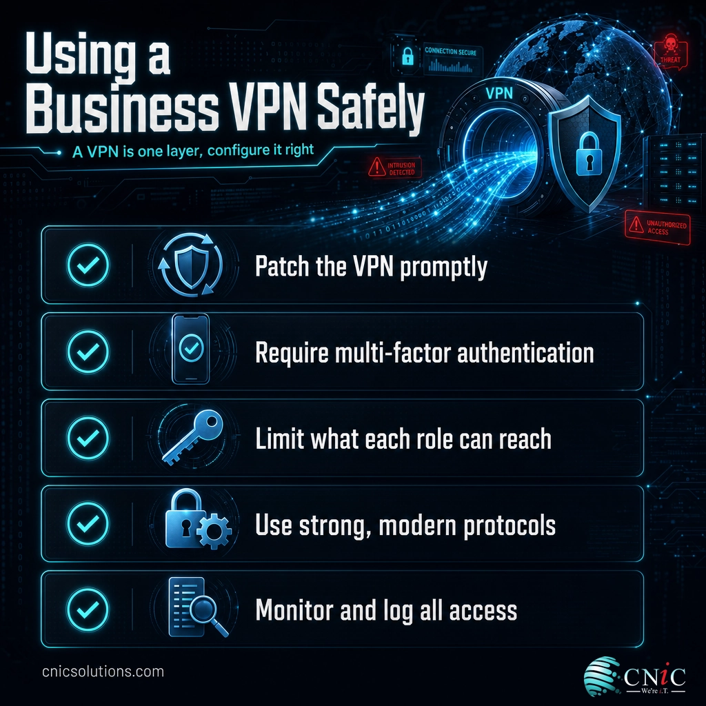 Infographic checklist of five steps to use a business VPN safely, including patching, MFA, least privilege, strong protocols, and logging
