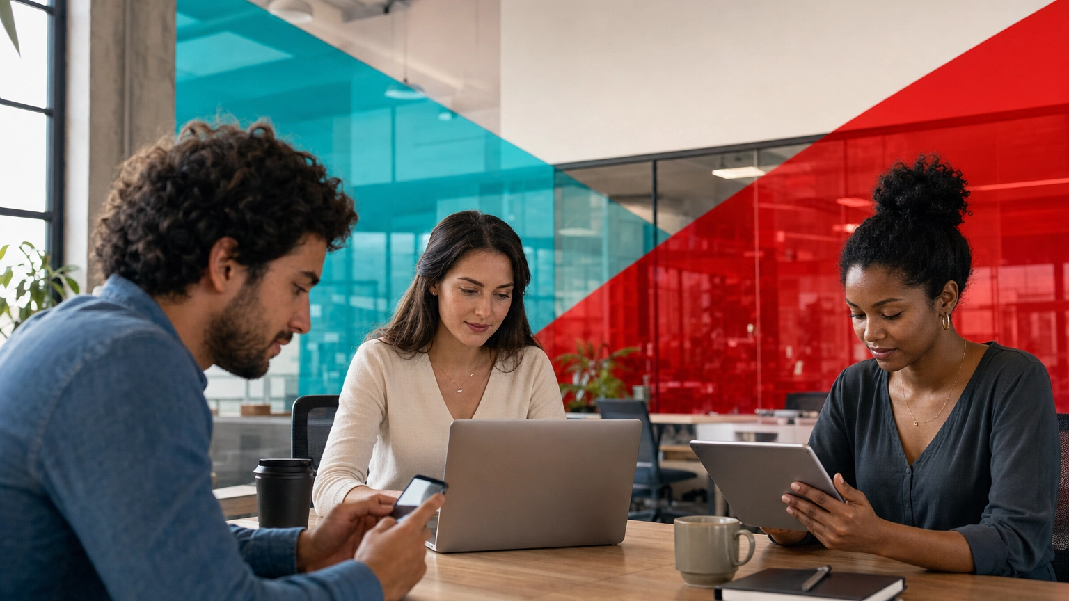 Small-business employees using personal smartphones, laptops, and tablets for work in a modern office