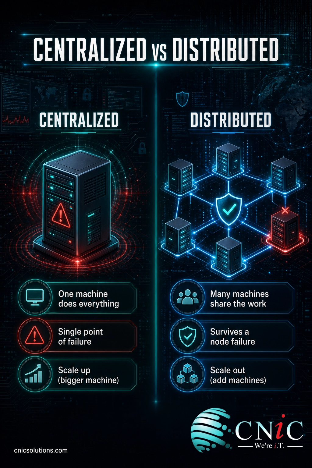 Infographic comparing a centralized system on one machine with a distributed system across many nodes
