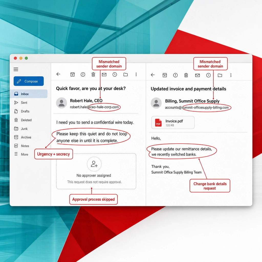 Annotated phishing email mockups showing CEO wire fraud and a vendor bank-change request