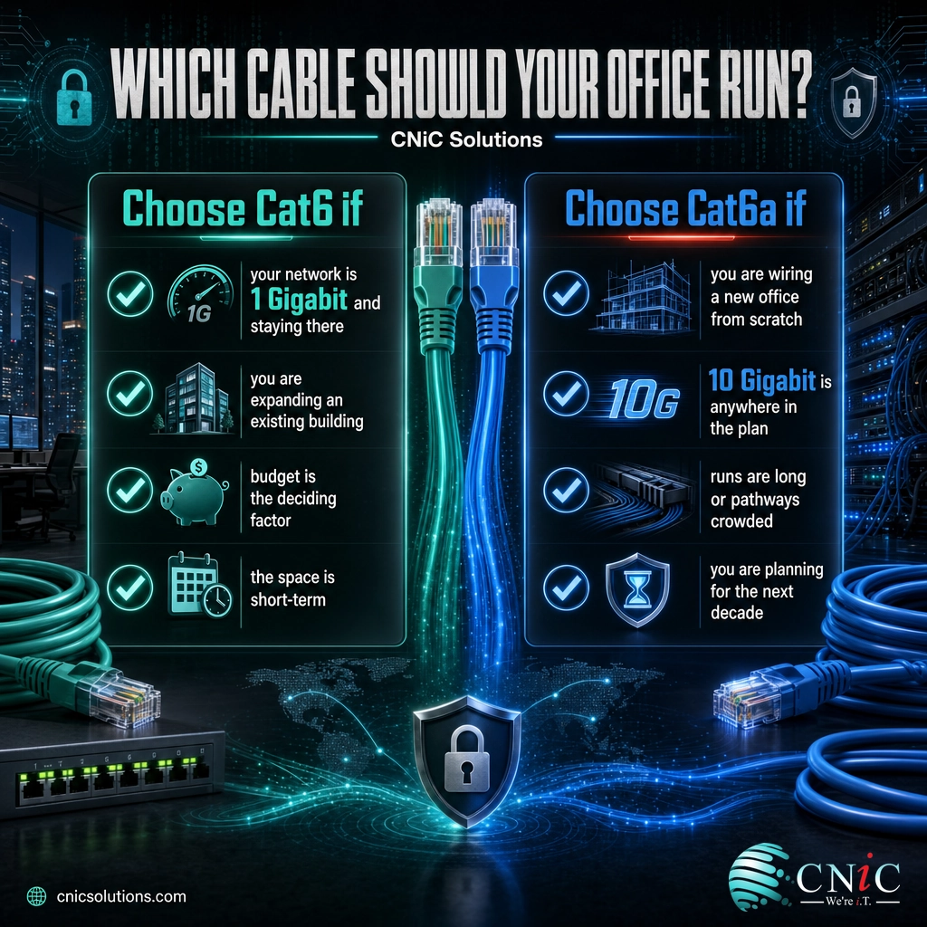 Decision-guide infographic showing when to choose Cat6 versus when to choose Cat6a for an office
