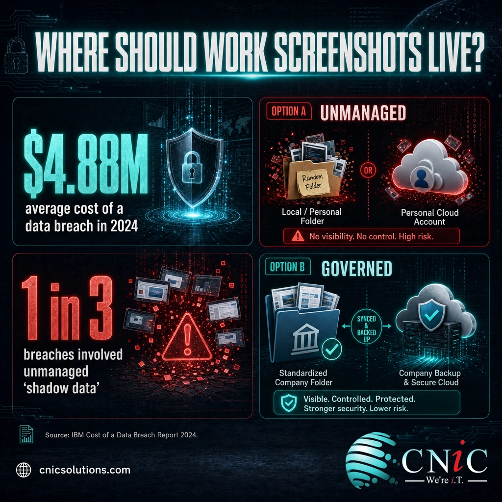 Infographic contrasting unmanaged versus governed screenshot storage with IBM 2024 data breach cost figures