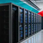 Data center server racks with high-performance IT infrastructure for business continuity.