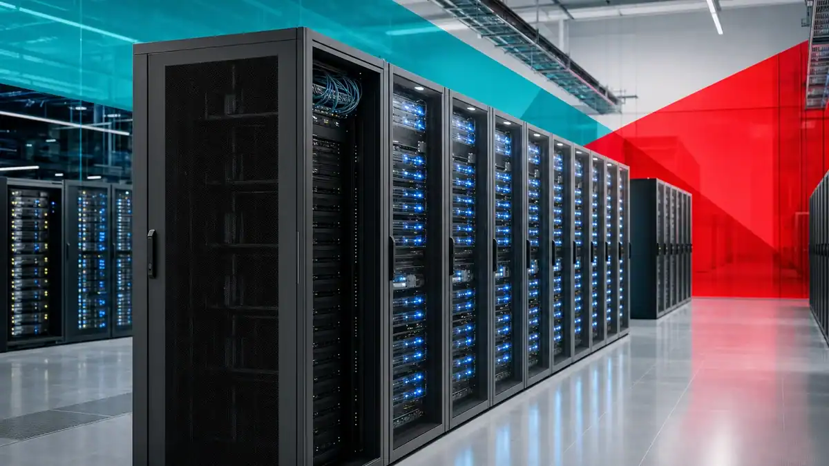 Data center server racks with high-performance IT infrastructure for business continuity.
