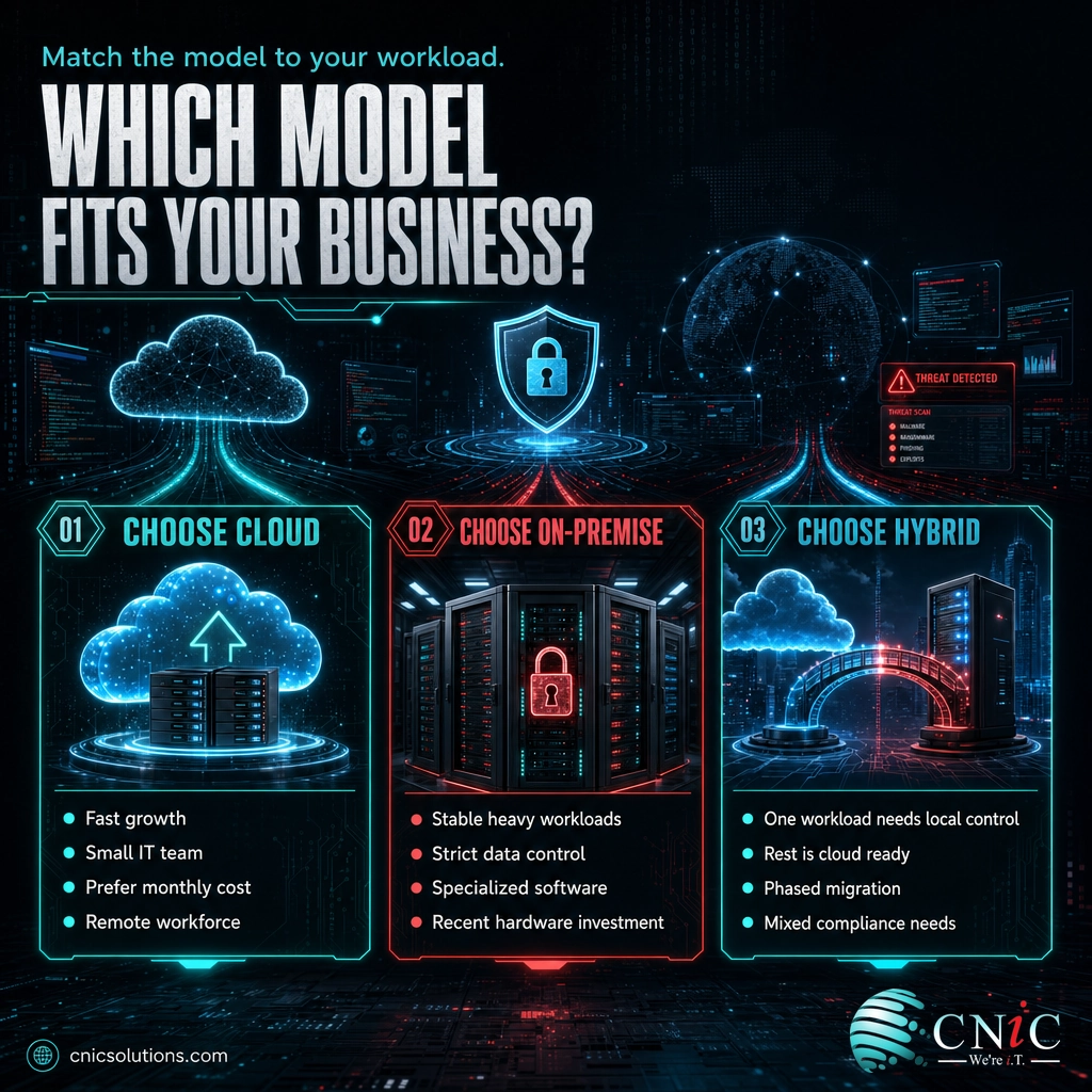 Decision infographic showing when to choose cloud, on-premise, or hybrid infrastructure for a small business