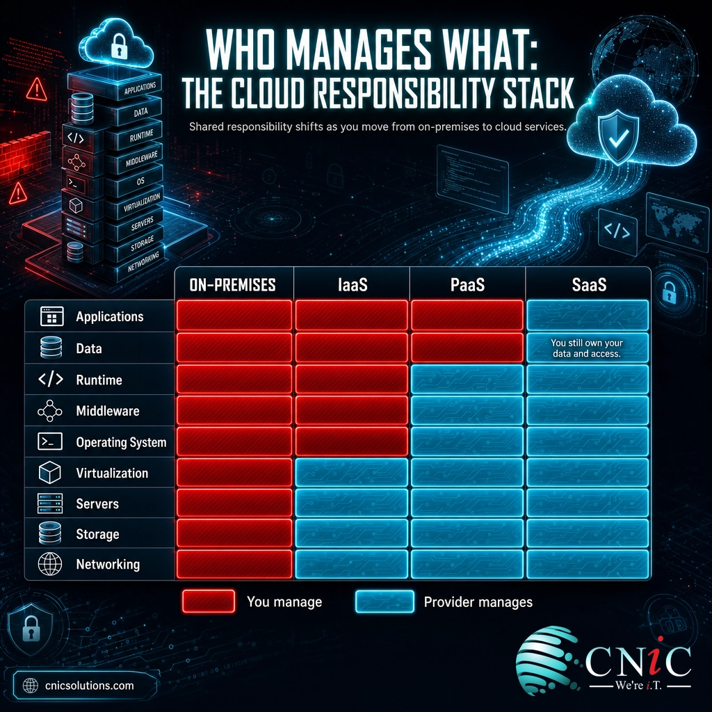 Responsibility matrix showing who manages each technology layer across On-Premises, IaaS, PaaS, and SaaS