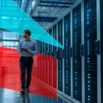 Modern enterprise data center aisle representing IaaS, PaaS, and SaaS cloud service models