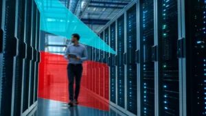 Modern enterprise data center aisle representing IaaS, PaaS, and SaaS cloud service models