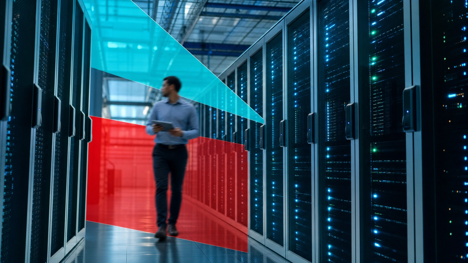 Modern enterprise data center aisle representing IaaS, PaaS, and SaaS cloud service models