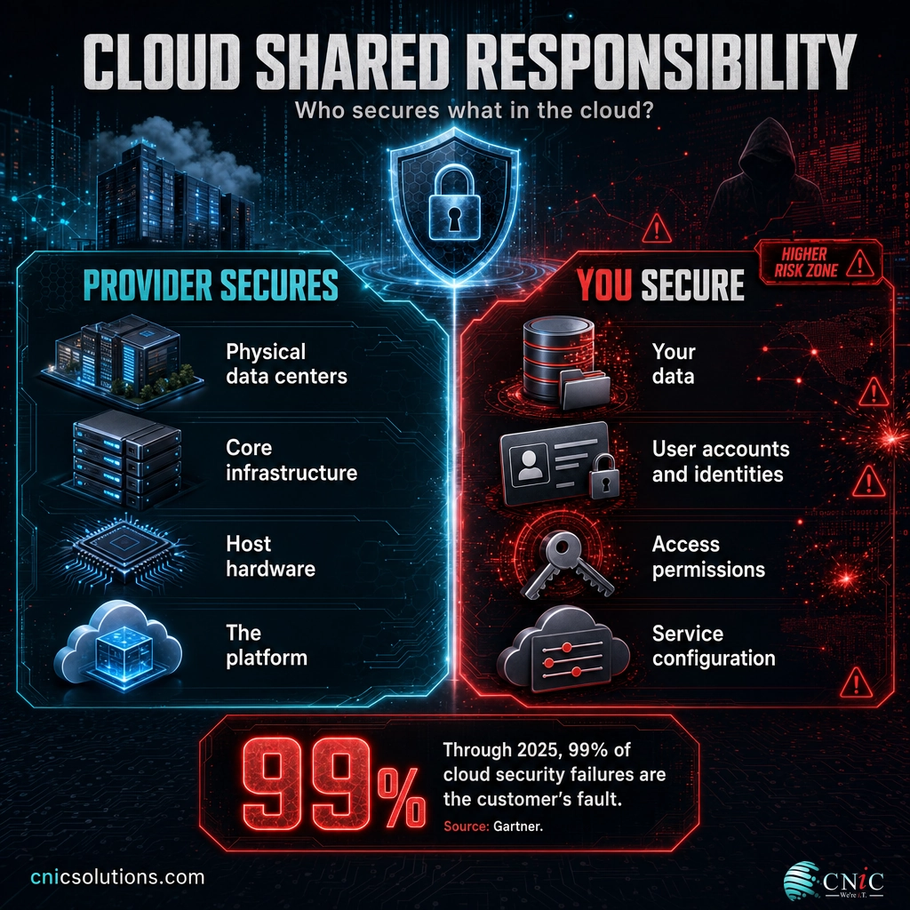 Infographic showing the cloud shared responsibility model splitting security duties between provider and customer
