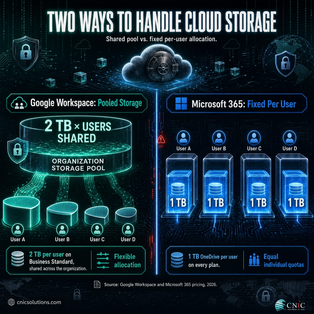 Infographic showing Google Workspace pooled storage versus Microsoft 365 fixed 1 TB per user allocation