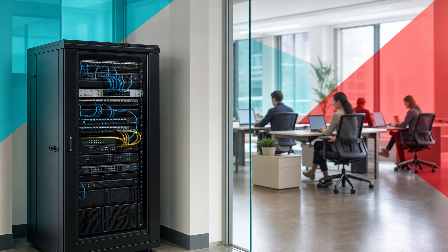 Small business server rack beside a modern open-plan office representing cloud versus on-premise infrastructure