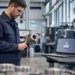 IT technician inspecting industrial equipment in a modern manufacturing facility.