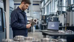 IT technician inspecting industrial equipment in a modern manufacturing facility.