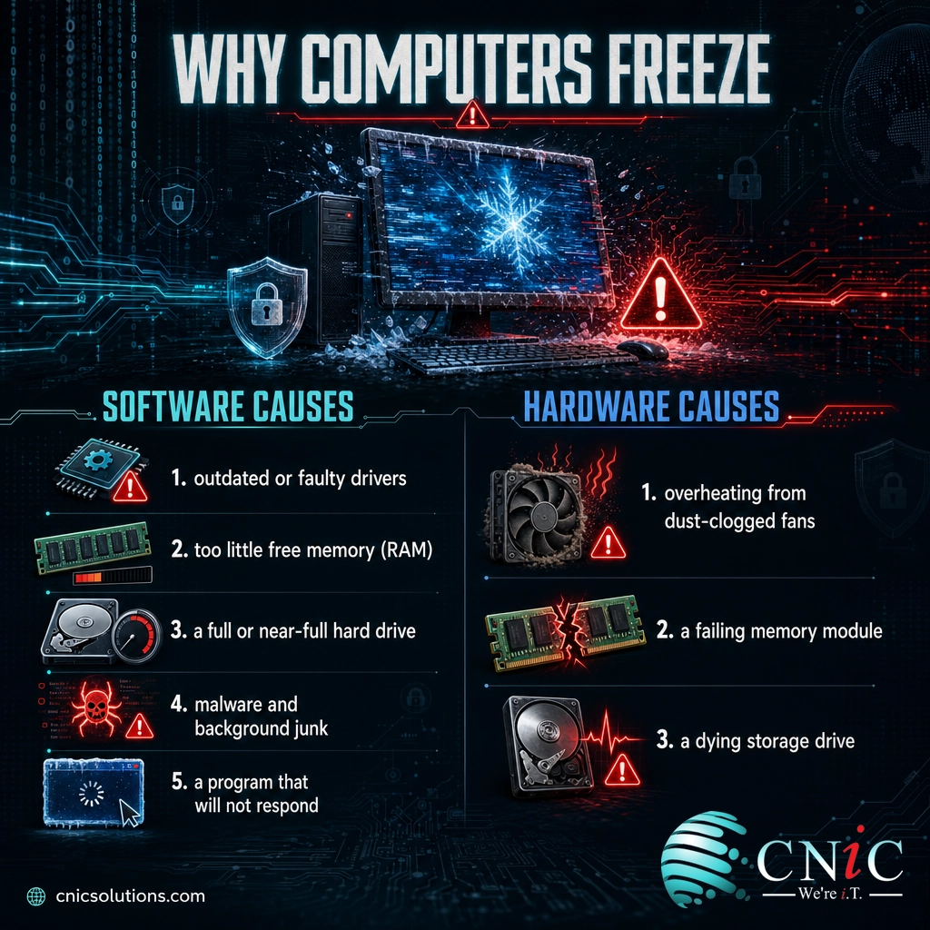 Infographic grouping the common causes of a computer freezing into software and hardware causes
