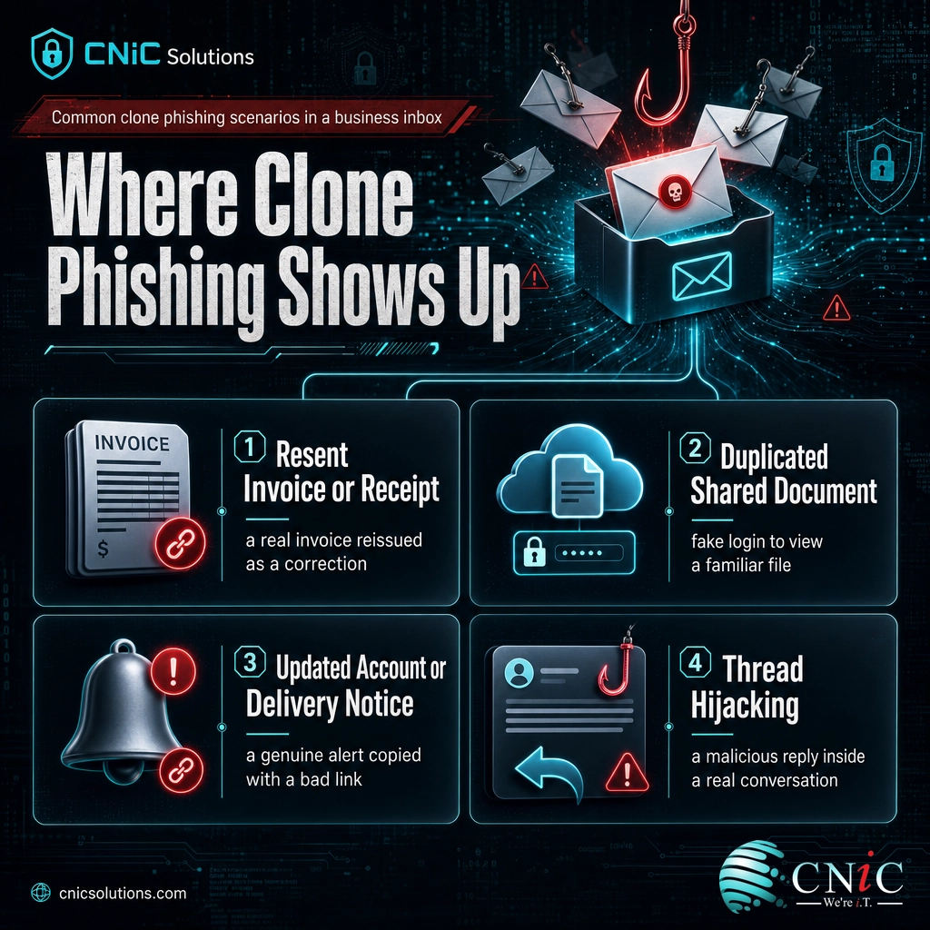 Infographic showing four clone phishing scenarios: resent invoice, duplicated shared document, updated notice, and thread hijacking