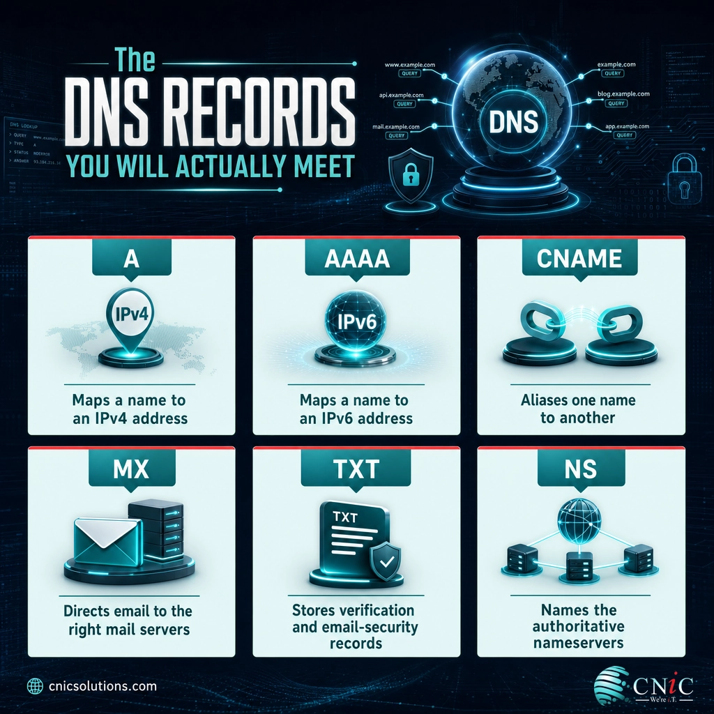 Infographic of six DNS record types A, AAAA, CNAME, MX, TXT, and NS with their functions