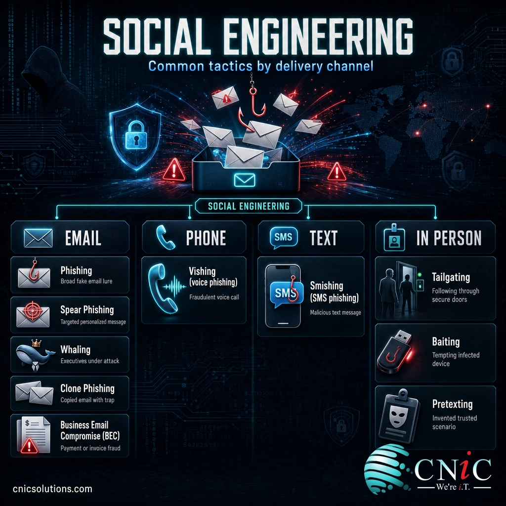 Infographic grouping social engineering tactics by channel: email phishing and BEC, phone vishing, text smishing, and in-person tailgating and baiting