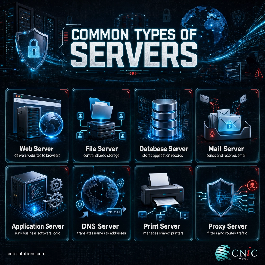 Infographic grid of common server types including web, file, database, mail, application, DNS, print, and proxy servers