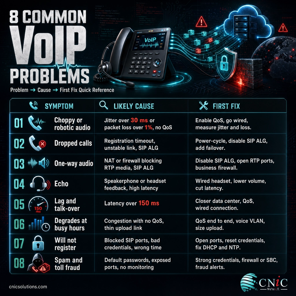 Table mapping eight common VoIP problems to their cause and first fix