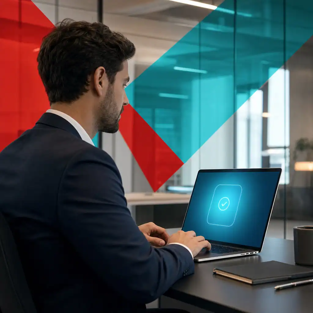 Business professional using a laptop with cybersecurity icons, representing managed IT and cybersecurity services in Houston.