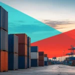 Neatly stacked standardized shipping containers at a modern port, a visual metaphor for software containerization