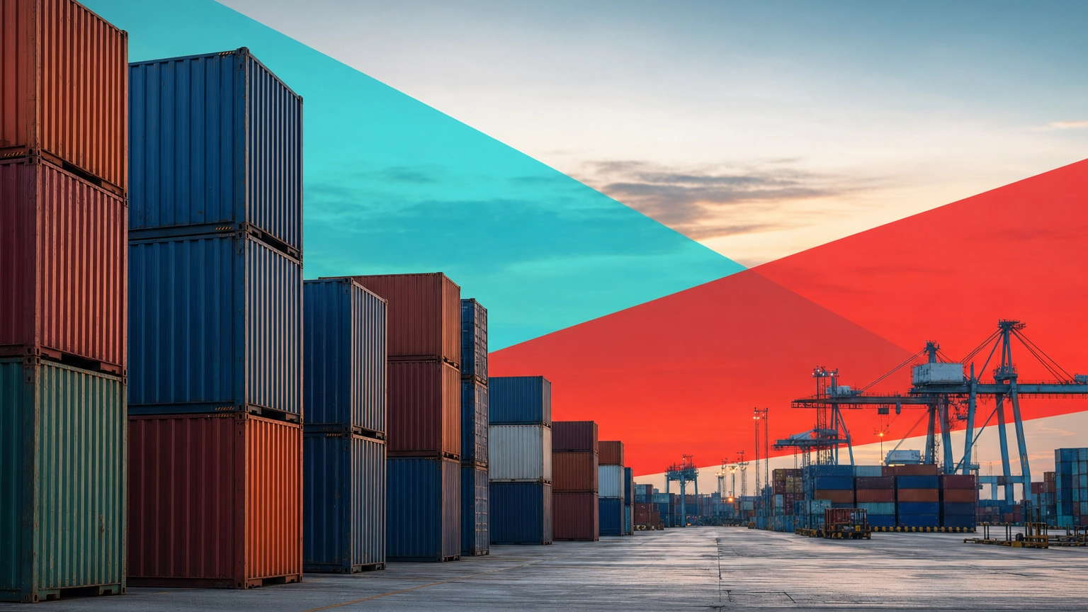 Neatly stacked standardized shipping containers at a modern port, a visual metaphor for software containerization