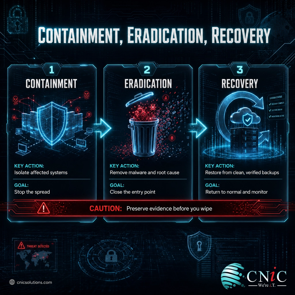 Infographic showing the three-stage incident response flow of containment, eradication, and recovery with the action and goal of each