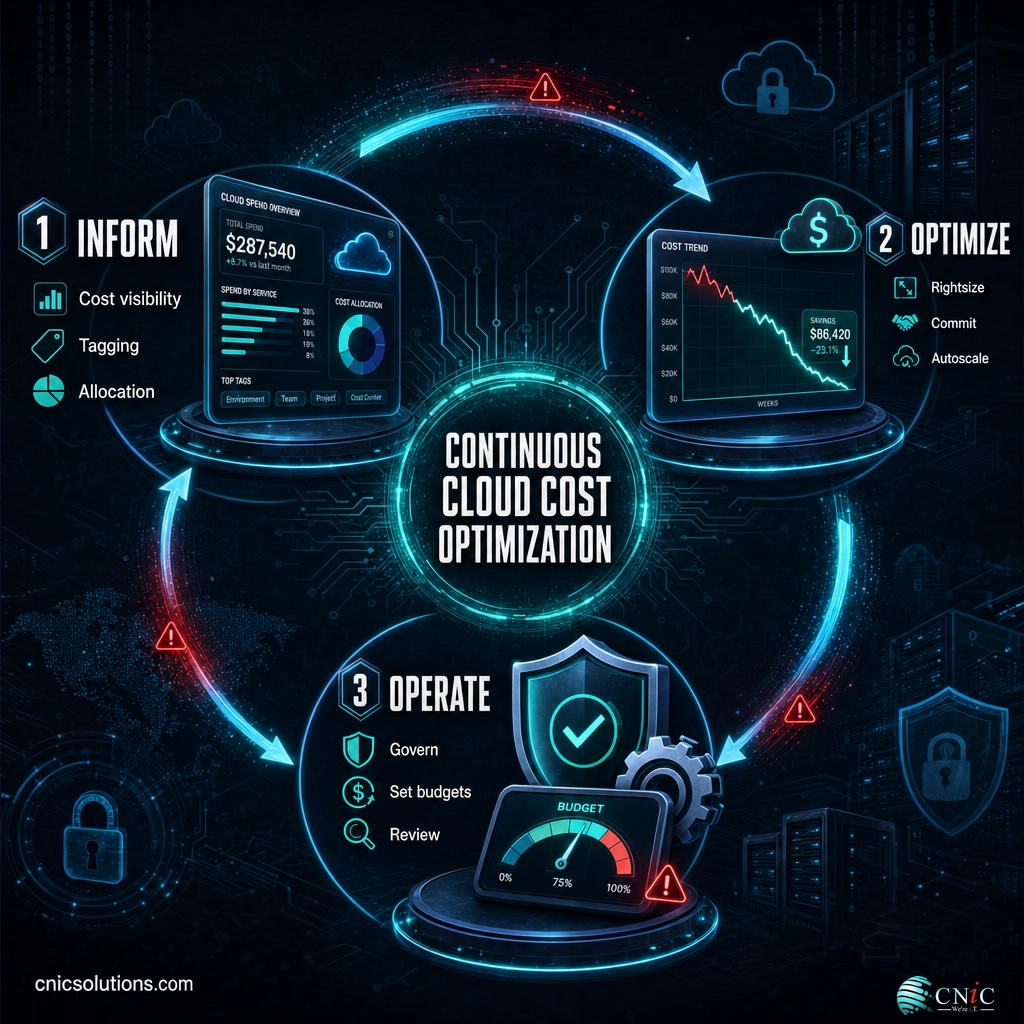 FinOps loop infographic showing Inform, Optimize, and Operate phases of continuous cloud cost optimization