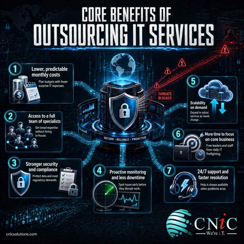 Infographic showing the seven core benefits of outsourcing IT services for small businesses