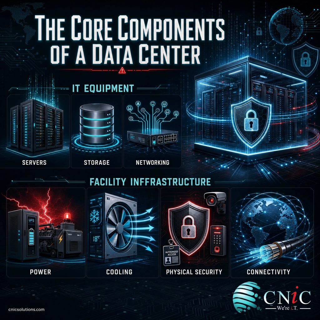 Infographic of data center components: servers, storage, networking, power, cooling, security, connectivity