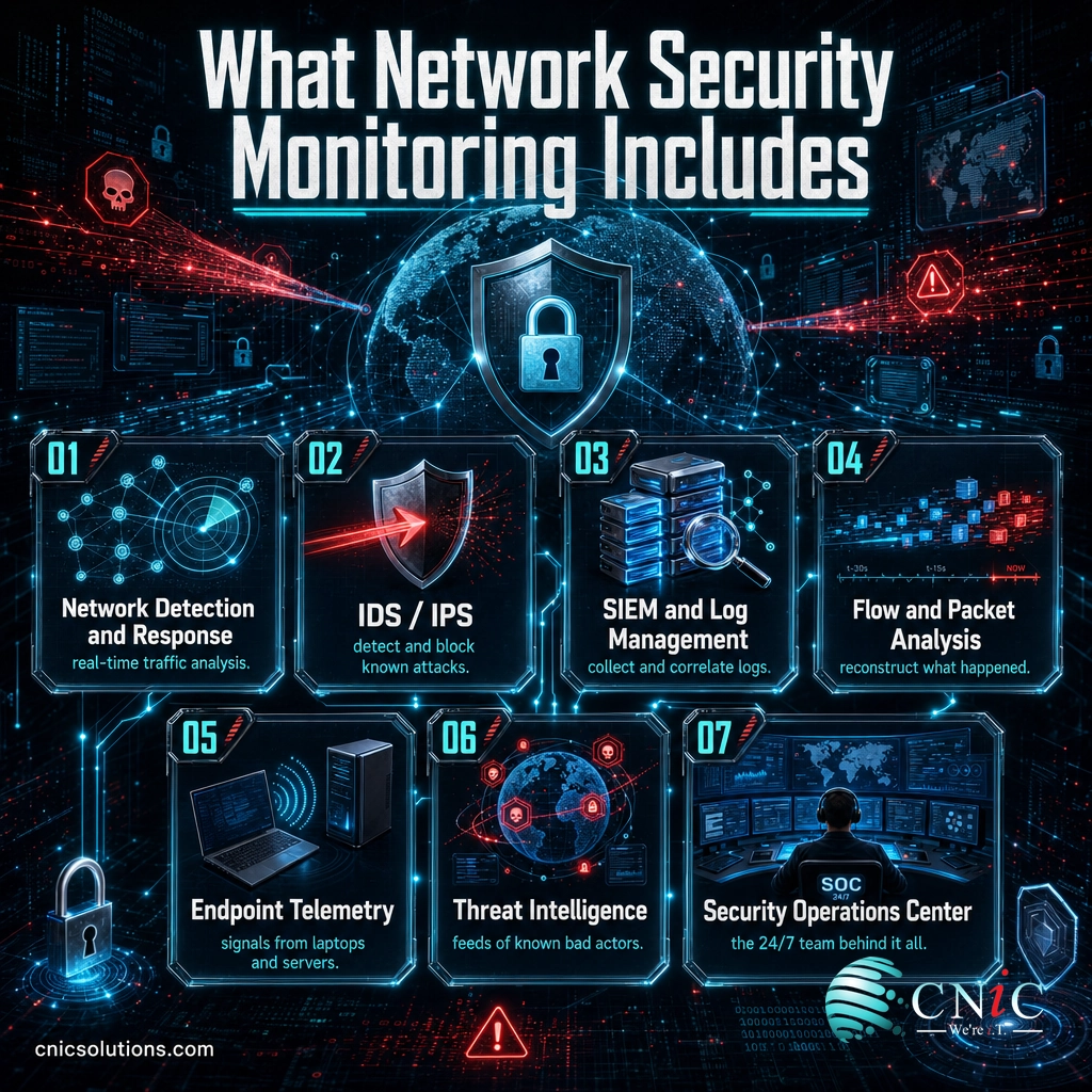 Infographic grid of seven network security monitoring components from NDR and SIEM to the security operations center