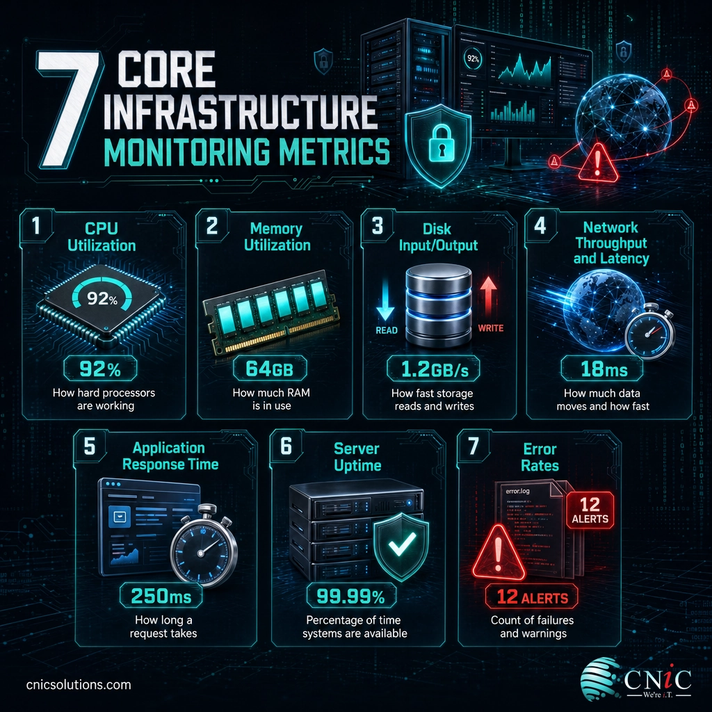 Infographic of seven core infrastructure monitoring metrics including CPU, memory, disk, network, response time, uptime, and error rates