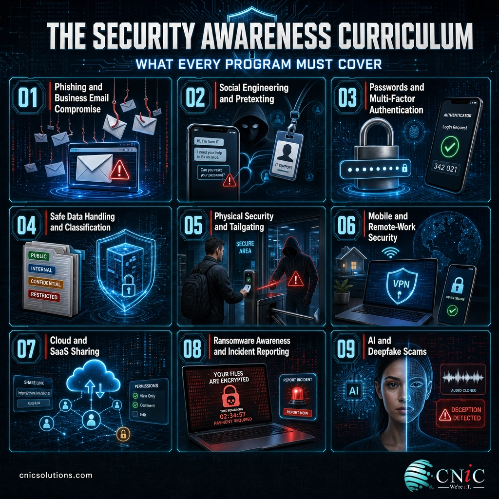 Grid infographic of nine core security awareness training topics from phishing to AI deepfake scams