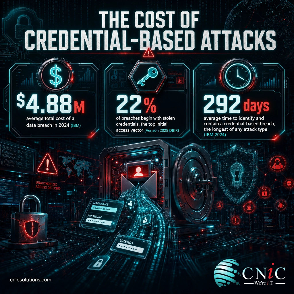 Infographic showing breach cost, share of breaches from stolen credentials, and time to contain