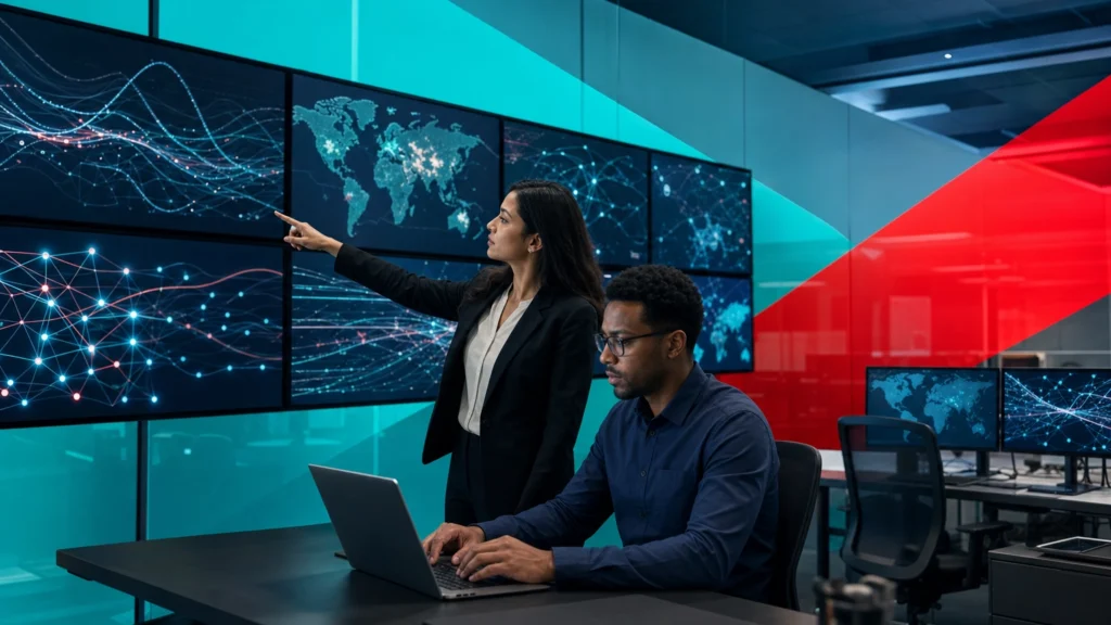 Security analysts studying network activity patterns in a cybersecurity operations center to detect attacker behavior