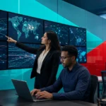 Security analysts studying network activity patterns in a cybersecurity operations center to detect attacker behavior