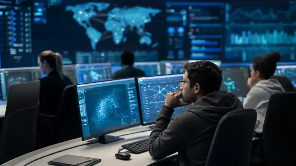 IT security operations center with multiple monitors displaying cybersecurity data and global network maps.