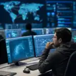 IT security operations center with multiple monitors displaying cybersecurity data and global network maps.