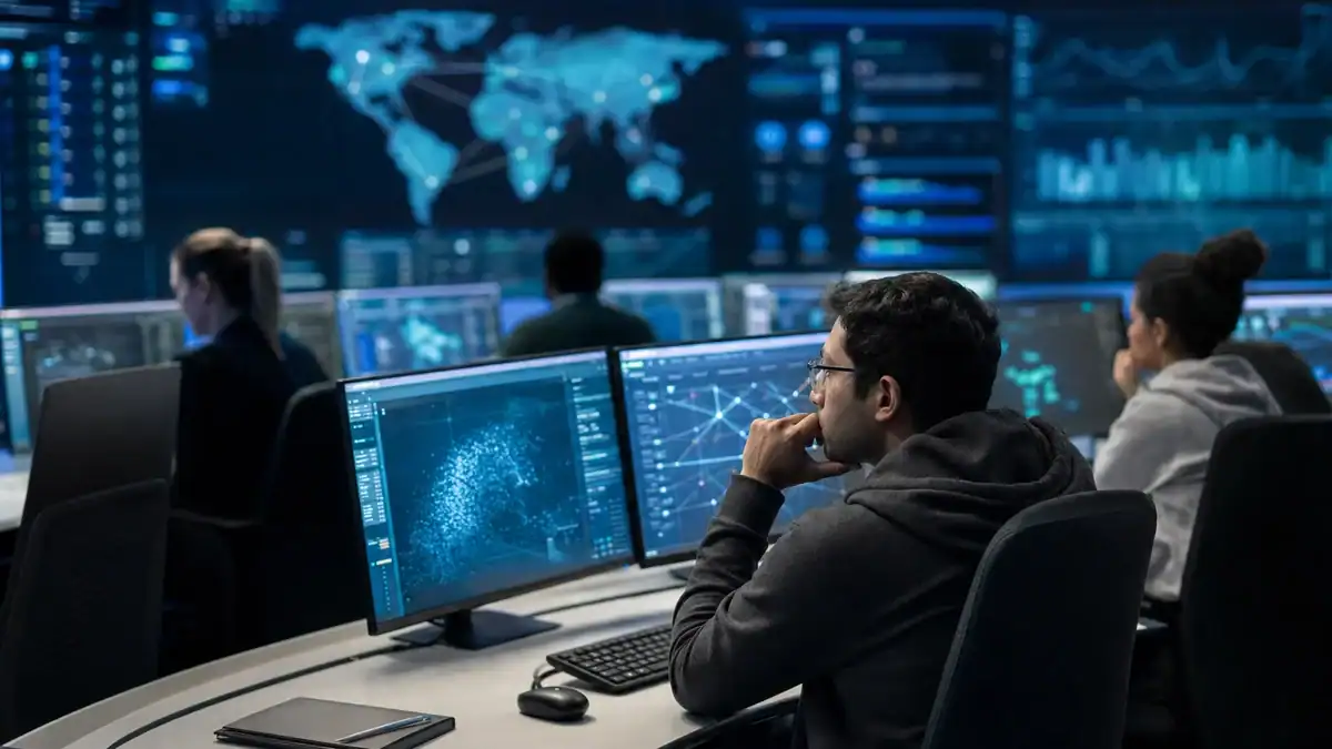 IT security operations center with multiple monitors displaying cybersecurity data and global network maps.