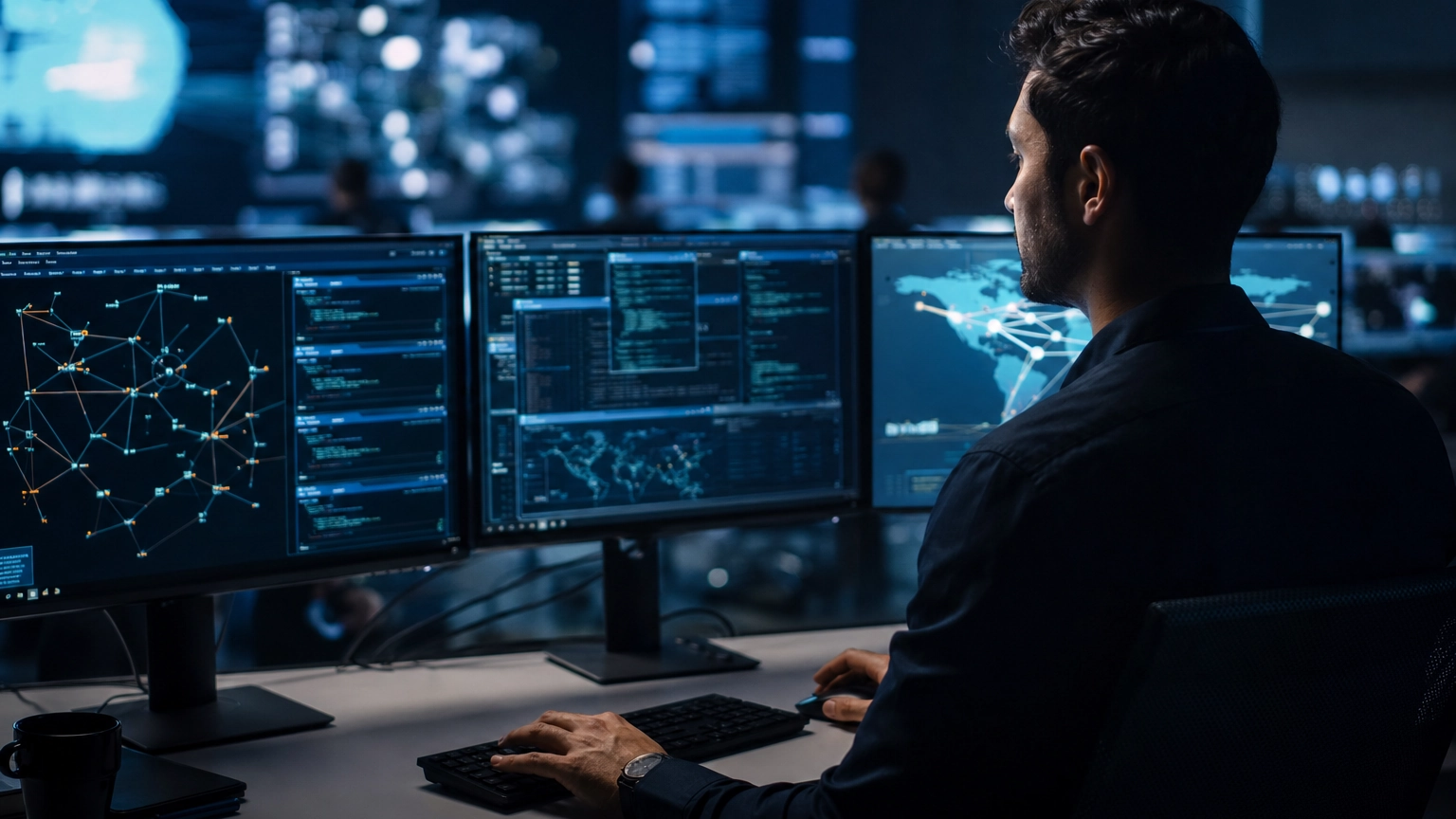 Security analyst probing a business network for weaknesses in a modern security operations center