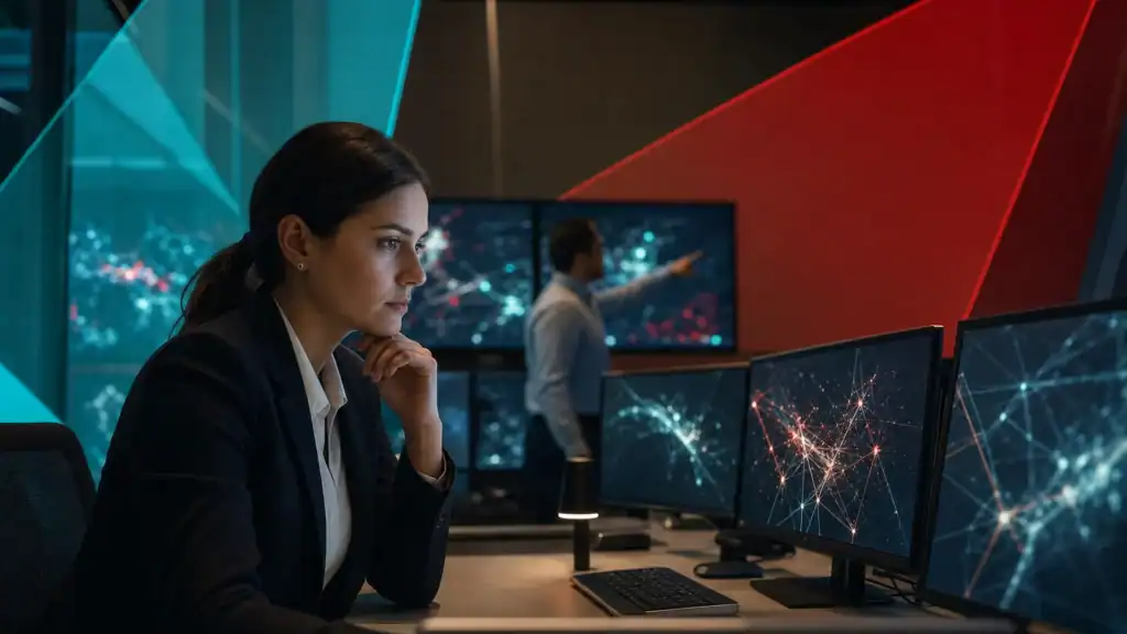 IT professional monitoring network security and infrastructure in a high-tech environment.